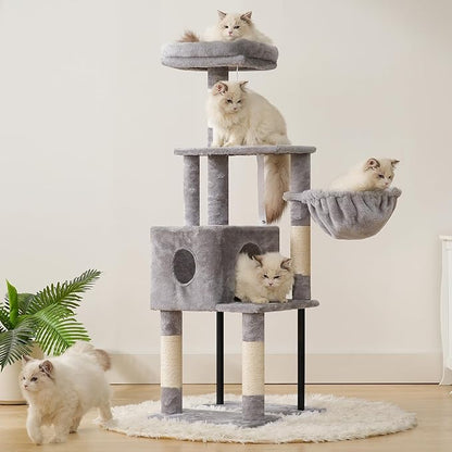 Heybly Cat Tree, 49.2 Inches Cat Tower for Indoor Cats, Spacious Cat House Condo with Hidden Space，Sturdy Steel Tube，Soft Plush Top Perch，Cozy Hammock and Sisal Scratching Posts, Light Gray HCT200SW