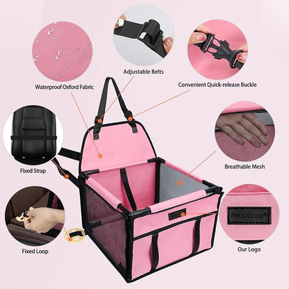 PetsHome Dog Car Seat Foldable Dog Car Booster Seat Waterproof Breathable Oxford Travel Bag for Small to Medium Dogs, Puppies, and Pets-Pure Pink-Upgrade