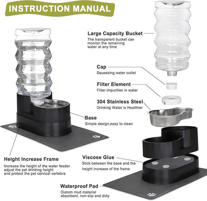 RIZZARI Dog Water Dispenser Bowl: 9L Large Black Automatic Stainless Steel Pet Feeder with Triple Filter and Specialized Brush - for Dogs Good for Joint Health - Garden Garage