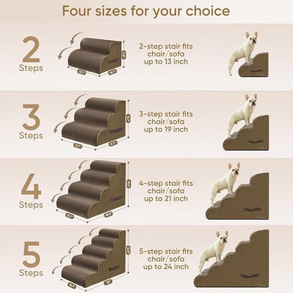 PAWSCART Pet Stairs for Dogs 3-Step, 15.7" H Pet Stairs for High Bed, Couch Sofa & Chair, 30D Material Soft Foam Dog Steps with Non-Slip Bottom Surface Removable Washable Cover, Brown