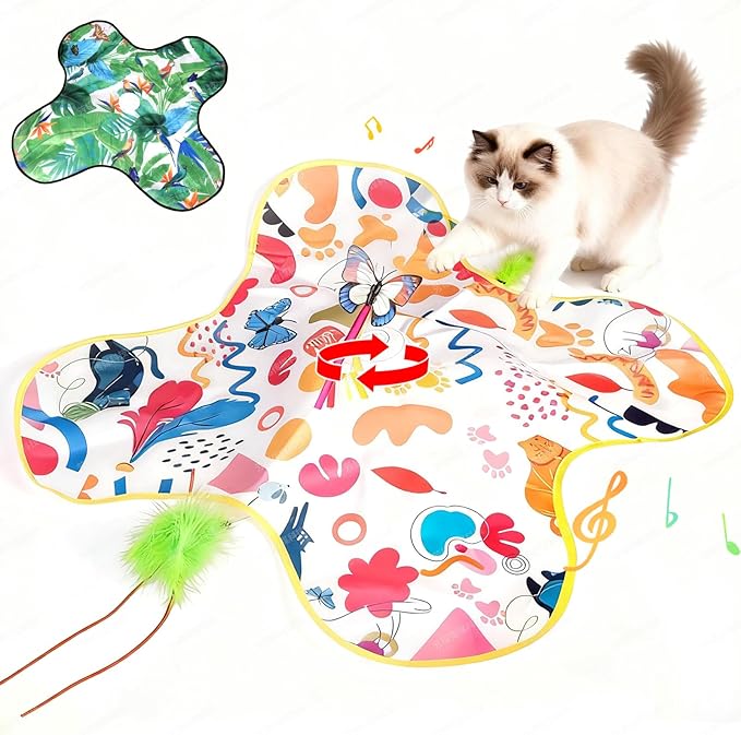 Cat Toys for Indoor Cats, 4in 1 Interactive Cat Toys Rechargeable with Butterfly, Feathers, Setaria Viridis, Real Animal Squeaky, Indoor Kitty Exercise Automatic Pet Toys with 2 Covers for All Breeds