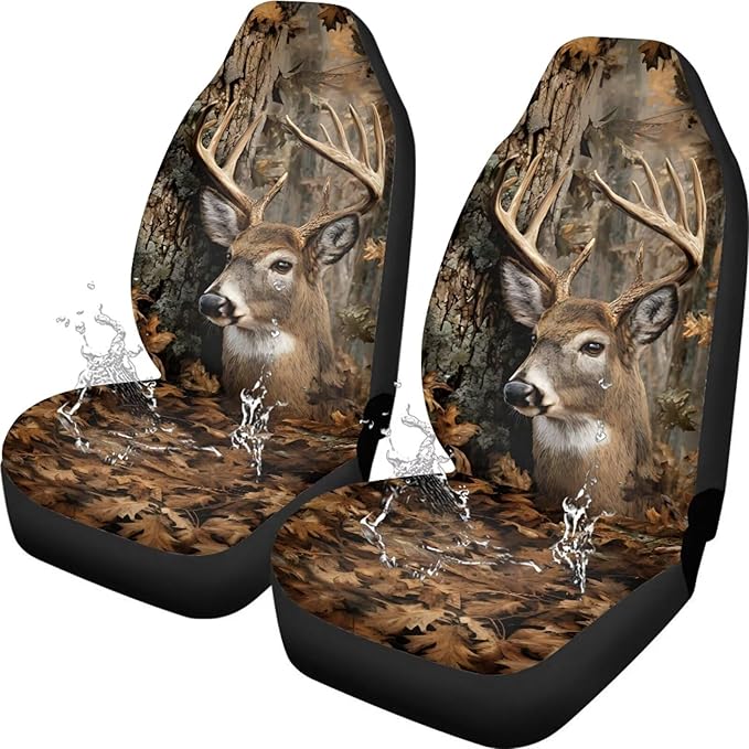 Waterproof Front Seat Covers Easy Installation Camo Deer Hunter Car Seat Covers Set of 2 Stretch Polyester Fabric Cover Car Interior Accessories Universal Fit Most Cars,SUV, Trucks