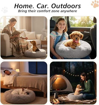 JOLLYVOGUE Calming Dog Beds Large Sized Dog, 36in Donut Washable Large Pet Bed, Anti-Slip & Anti-Anxiety Fluffy Faux Fur Round Dogs Bed, Fits up to 80 lbs Pets (Smoke Grey)