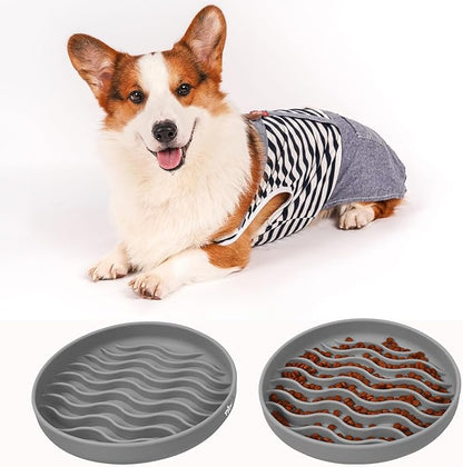 Slow Feeder Dog Bowls, Silicone Food Bowl Anti-Gulping, Pets Puppy Slow Feeder with Suction Cups, Dishwasher Microwave Safe for All Small Medium Dogs, Wave Design Grey