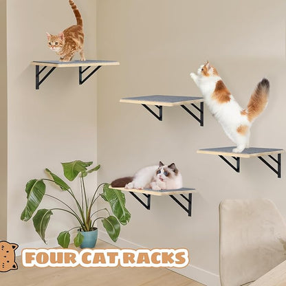 Burlywood Cat Shelves: Set of 4 Wood Cat Furniture Indoors - Climbing Shelf with Wall Mounted Scratching Pad & Hammock for Big Cats