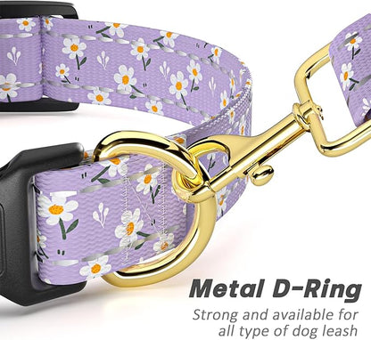 Reflective Dog Collar for Small Dogs, Cute Flower Theme Adjustable Heavy-Duty Nylon Puppy Collar for Boy and Girl Female, Soft Pet Accessories with Quick Release Buckle, Purple White
