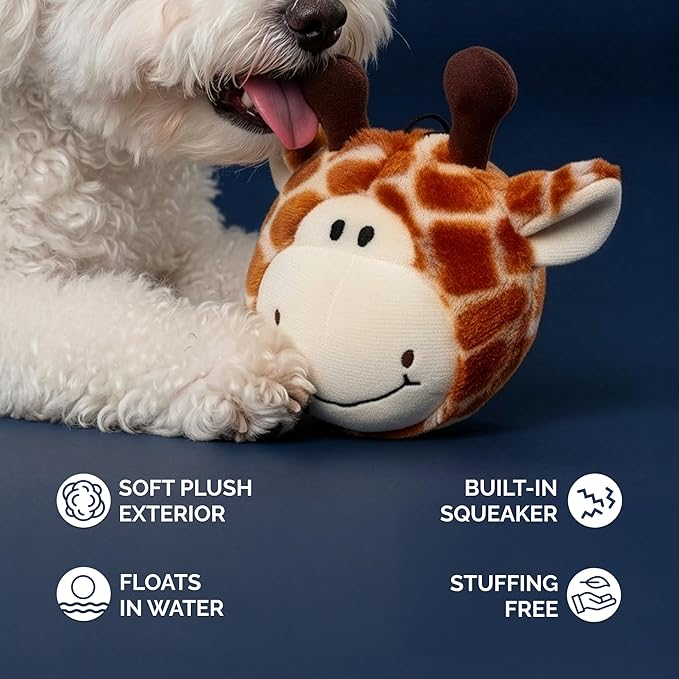 Pet Lou 4 Inch Squeaky Giraffe Ball Dog Plush Toy, Stuffing-Free Soft Plush, Durable Bouncy Squeaker Ball, Floats in Water, Small & Medium Breed Chew Toys