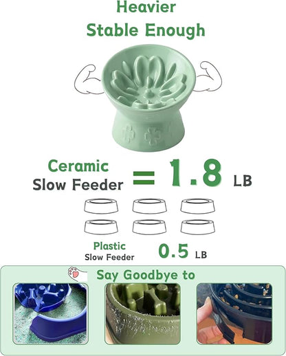 TRUVIC Ceramic Slow Feeder Cat Bowl, 15° Tilted Elevated Cat Slow Eating Bowl for Neck Protection, Anti Vomiting Dog Slow Feeder, Whisker Friendly & No Black Chin for Cats and Small Dogs, Green
