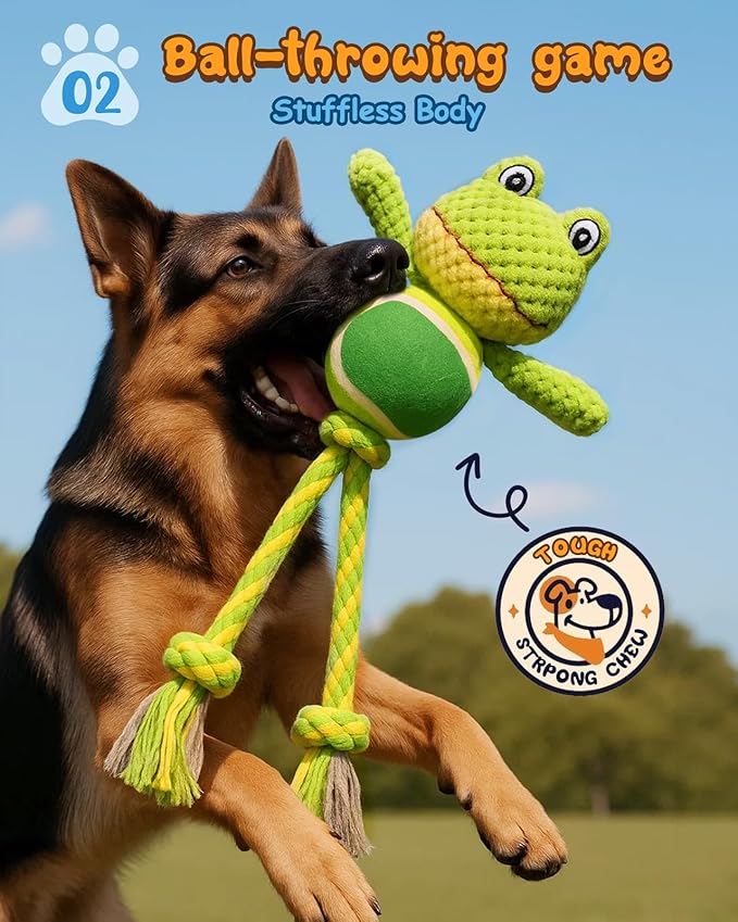 Swooflia Durable Squeaky Dog Toy - Interactive Plush Cute Frog with Rope Legs, Teeth Cleaning Tug Toy for Small Medium and Large Dogs, Puppy Chew Toy for Training and Play