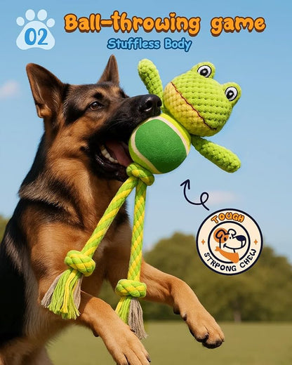 Swooflia Durable Squeaky Dog Toy - Interactive Plush Cute Frog with Rope Legs, Teeth Cleaning Tug Toy for Small Medium and Large Dogs, Puppy Chew Toy for Training and Play