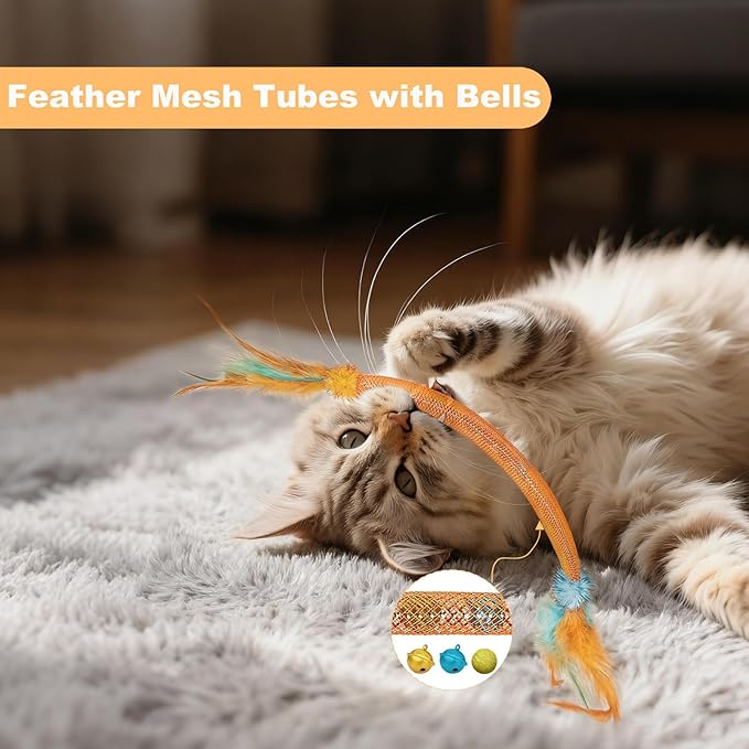 11-Piece Interactive Cat Toys for Indoor Cats, 2 Bendable Rope Toys, 4 Mice, 2 Springs, 2 Bell Balls & Feather Teaser - Kitten Chew Toys and Cat Supplies