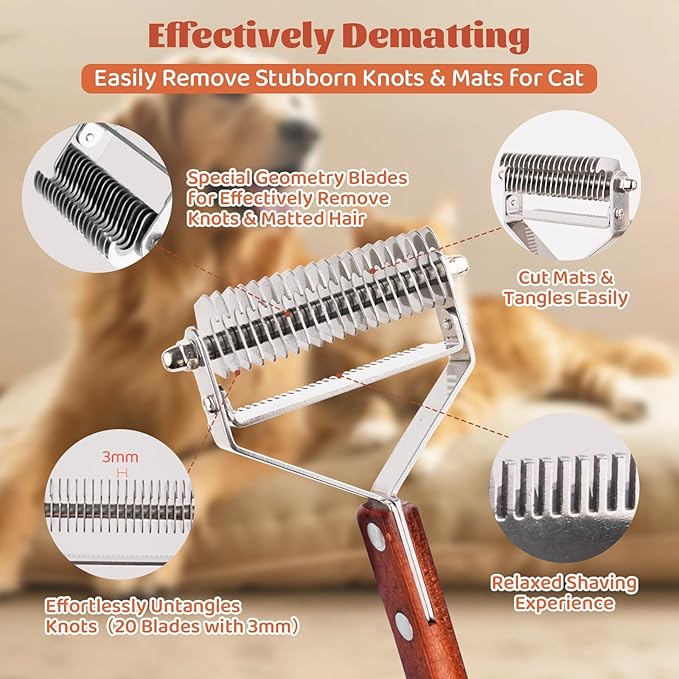 Pet Brush for Dematting & Deshedding, Professional Cat Grooming Brush, Dog Grooming Brushes with Wood Handle, Shedding Comb for Indoor Cats & Long Haired Cat Dog Pet