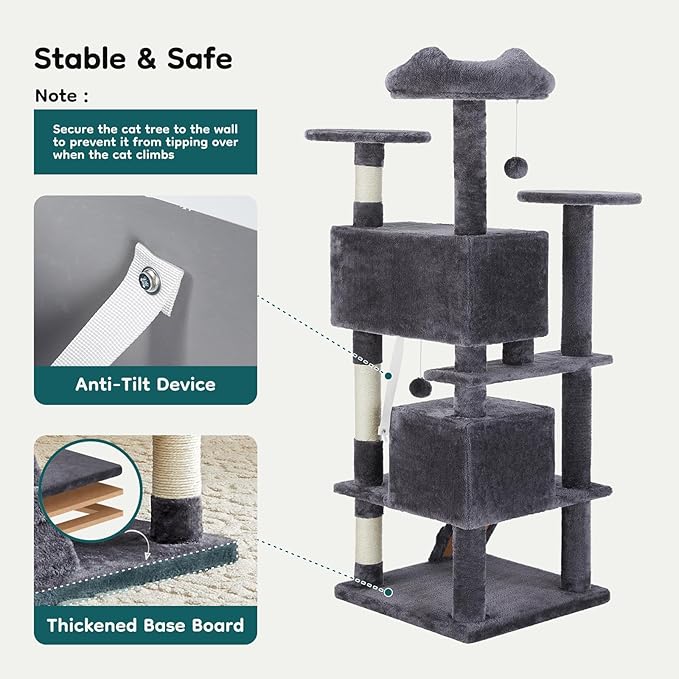 DUMOS 54-inch Indoor Cat Tree Tower –Multi-Level Pet House for Large Cats with 2 Condos, Scratching Posts, Round Platform, Small Ladder, and Toys – Perfect for Cats of All Ages, Navy Blue
