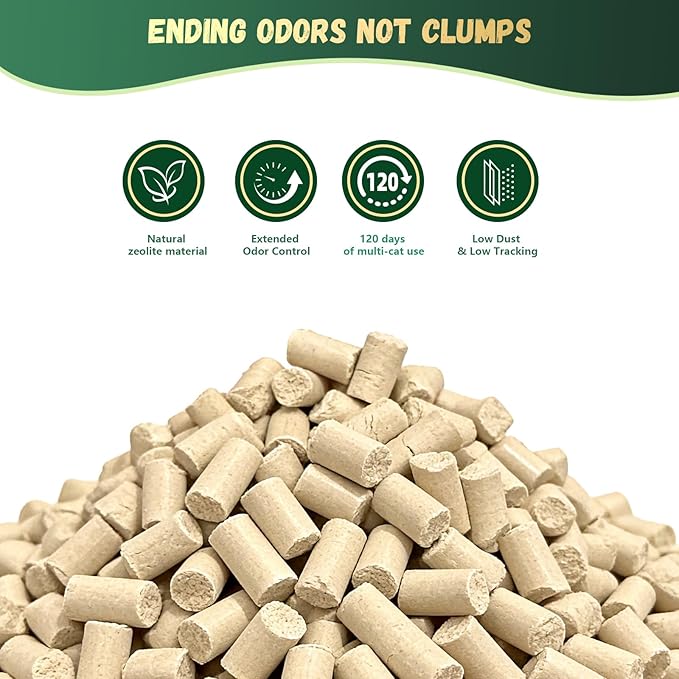 IMMCUTE Zeolite Litter Pellets, 18lb Bag Lasts 120 Days, Odor Control Cat Litter Pellets with Extra 10 Ct Pee Pads, Non Clumping Cat Litter, Low-Tracking, Unscented
