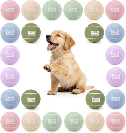 2.5" Dog Tennis Balls 24-Pack – Silent Bounce, Tough Rubber Core, Durable Fetch & Training Toys for Indoor/Outdoor Play, for Small Medium Large Dogs (Macaron Mixed Colors, 24-Pack)