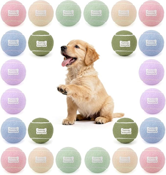 2.5" Dog Tennis Balls 24-Pack – Silent Bounce, Tough Rubber Core, Durable Fetch & Training Toys for Indoor/Outdoor Play, for Small Medium Large Dogs (Macaron Mixed Colors, 24-Pack)
