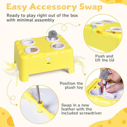 Cheese Box Interactive Cat Toy for Indoor Cats, 3-in-1 Whack a Mole Feather Toy, 3 Modes Rechargeable Auto Cat Toys for Bored Cats, 4 Holes Kitten Toy, 4 Accessories (Yellow)