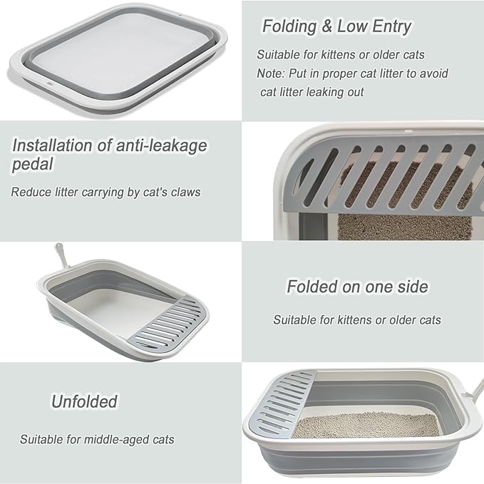 Senior Cat Litter Boxes, Collapsible Open Low Entry Cat Litter Pan with Scoop Travel Kitten Potty Pan Foldable Pet Toilet for Sick Disabled Older Elderly Cats Pink 20.9x15.7x5.7 inch