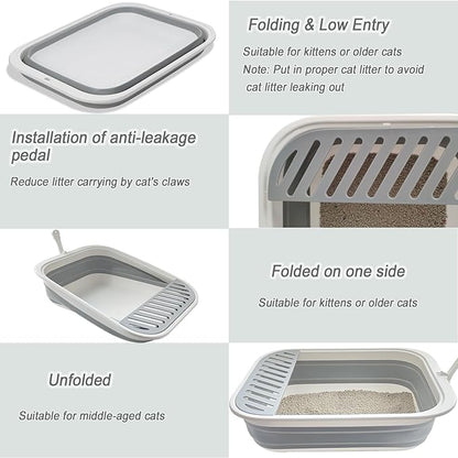 Senior Cat Litter Boxes, Collapsible Open Low Entry Cat Litter Pan with Scoop Travel Kitten Potty Pan Foldable Pet Toilet for Sick Disabled Older Elderly Cats Pink 20.9x15.7x5.7 inch