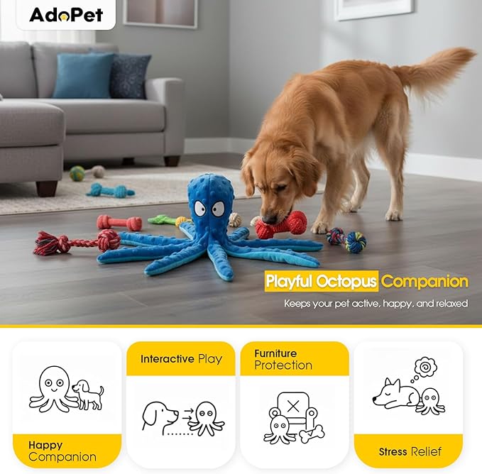 Squeaky Octopus Dog Toy – No Stuffing, Crinkle Sound Plush Chew Toy for Small and Medium Dogs – Durable and Machine Washable – 2 Pack (Blue & Pink)