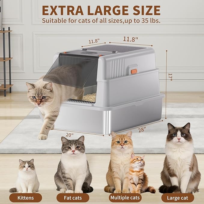 XXXXL Stainless Steel Litter Box with Lid,28.0" L × 20" W × 17" H Extra Large High Sided Cat Litter Box for Multi -Cats,Enclosed Metal Litter Box with Cat Scratcher and Scoop,Grey