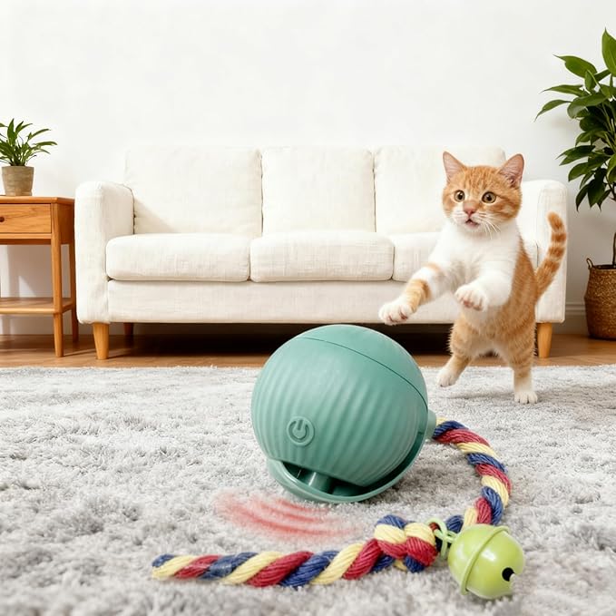 Interactive Cat Toy Ball with Bell, Moving Cat Toys Ball for Indoor Cats, Fast Rolling on Carpet, USB C Charging Automatic Kitten Toys for Bored Cats