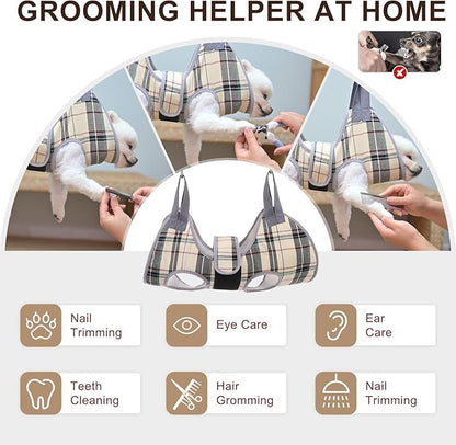 BEAUTYZOO Dog Grooming Hammock, Medium Dog Sling for Nail Trimming, Dog Hanging Harness for Claw Care with Thick Fabric Neck Support Wide Strap Restraint Cat Grooming Hammock, Beige L