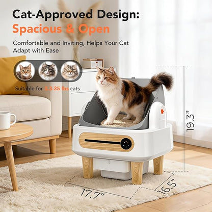 RPZ Automatic Cat Litter Box Self Cleaning, Robot Litter Box for Multiple Large Cats, Open Top Auto App Control Ultra-Quiet, Durable, Keep Home Freshness, Wood Grain