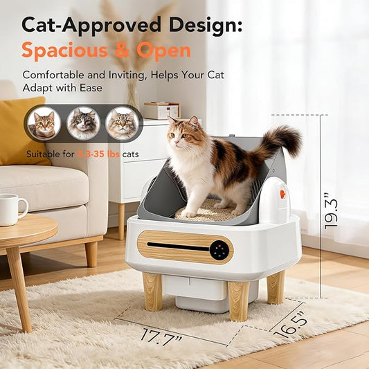 RPZ Automatic Cat Litter Box Self Cleaning, Robot Litter Box for Multiple Large Cats, Open Top Auto App Control Ultra-Quiet, Durable, Keep Home Freshness, Wood Grain