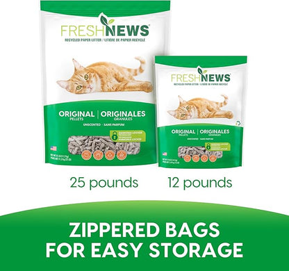 Fresh News Recycled Paper Original Pellet Cat Litter, 25 Pound, Non-Clumping, Unscented, Made in USA