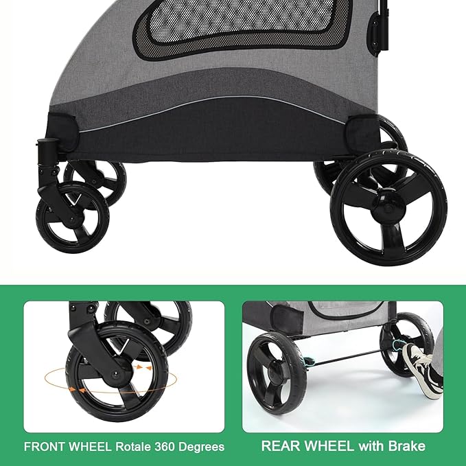 XL Extra Large Dog Stroller, All-Terrain 4 Wheel for 2 Medium Dogs, One-Click Foldable, Adjustable Handles, Dual Entry Safety Dog Stroller, Capacity 88lbs (Gray)