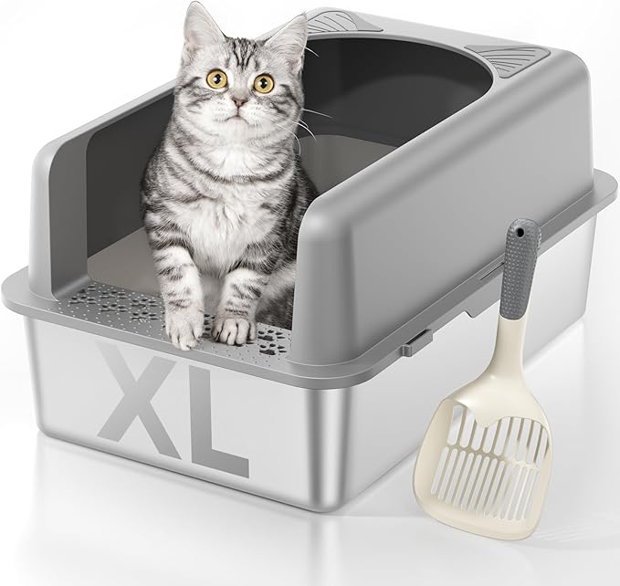 Stainless Steel Cat Litter Box, Extra Large High Sided Litter Boxs for Big Cats, XL Metal Litter Box with Lid, Non Stick, No Smell, Easy to Clean, Included Scoop