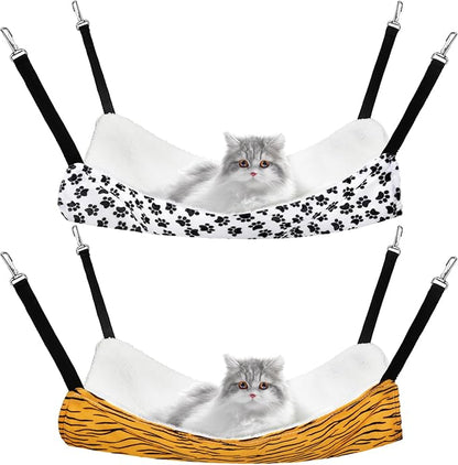 2 Pack Cat Hammock for Cage, Catio Accessories Reversible Soft Cats Bed with Adjustable Straps and Hooks Double-sided Linen and Fleece Hanging Hammock for Cats, Kitten(Zebra and Cat Paw Print,M)