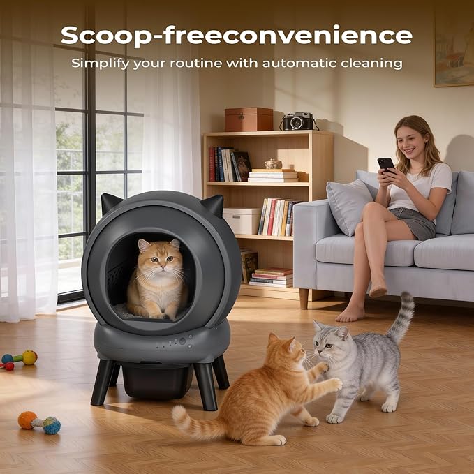Self Cleaning Litter Box for Multiple Cats, E2 Automatic Cat Litter Box, Self-Cleaning Robot with Smart APP Control and Health Monitoring, Includes 2 Roll Trash Bag and Litter Mat, Grey