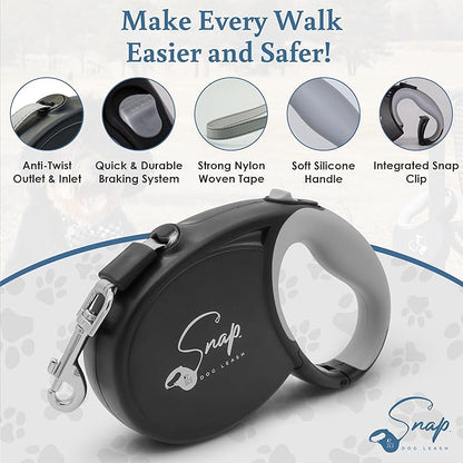 Snap Retractable Dog Leash with Built-in Clip, Hands-Free Connection, Reflective 16-ft Tape, Brake and Lock, Tangle-Free, for Medium and Large Dogs