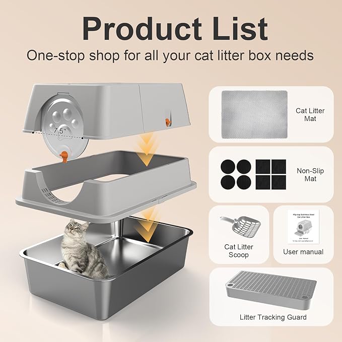 Stainless Steel Litter Box with Lid, XL Extra Large Litter Box, Enclosed Top Entry Metal Litterbox for Big Cats, Easy Cleaning, Anti-Leakage & High Sided with Mat, Aisle & Scoop, Light Grey