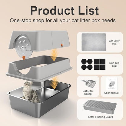 Stainless Steel Litter Box with Lid, XL Extra Large Litter Box, Enclosed Top Entry Metal Litterbox for Big Cats, Easy Cleaning, Anti-Leakage & High Sided with Mat, Aisle & Scoop, Light Grey