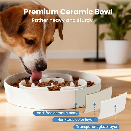 Ceramic Slow Feeder Dog Bowls,0.6 Cups Slow Feeder for Medium Large Breed,Puzzle Dog Food Bowl to Slow Down Eating, Anti-Gulping, Stop Bloat,Preventing Choking,6in,White