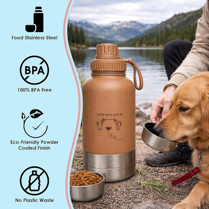 Love Wag & Play Dog Water Bottle with Food Bowls, Portable Stainless Steel Bottle for Dogs, Leakproof Travel Design with Detachable Bowls for Walks, Hikes and Outdoor Adventures (32 oz)