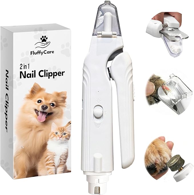 2-in-1 Dog Nail Clippers & Cat Nail Clipper with 2 LED Lights, USB Rechargeable with Safety Guard, Low Noise Grooming Tool for Small, Medium, and Large Dog & Cat Nail Trimmer(White)