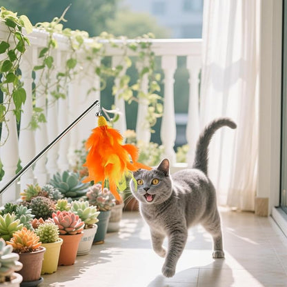 Andiker 5Pcs Retractable Cat Wand Toy, Cats Toy Set Contains 1 Feather Teaser & 3 Replaceable Tassels with Bell Stimulate Cats Hunting and Chasing Instincts Interactive Cat Toys (Orange)