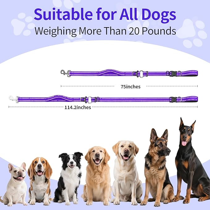 Kazazoo Hands-Free Dog Leash with Adjustable Length 6-9FT + Dual Padded Handles Reflective Safety for Walking, Jogging & Training | Suitable for Medium to Large Dogs & Puppies Purple-L