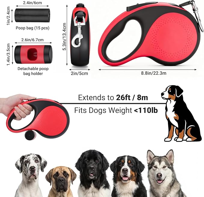 Segarty 26 Ft Walking Lead with Poop Bag Holder for Pet 66 lbs - 110 lbs, 8m Heavy-Duty Retractable Long Leash 360°Tangle-Free with Anti-Slip Handle, One-Handed Brake Pause Lock for Medium Large Dogs