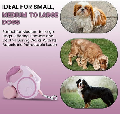 Retractable Dog Fancy Leash with Flashlight and Dispenser, 16 ft Dog Retractable Leash is Perfect for Safe and Comfortable Walking with Your Pet - Suitable for Small Medium Large Dogs (Pink)