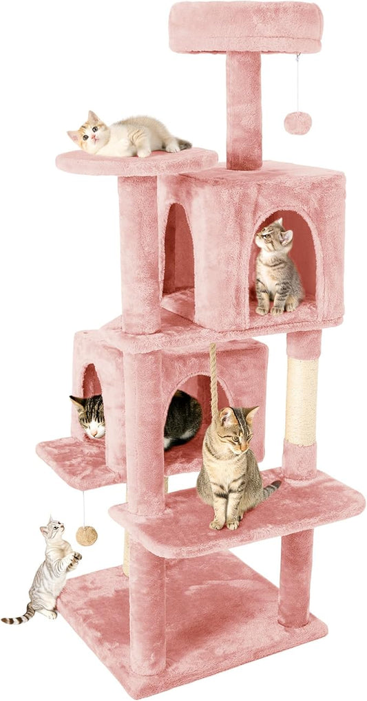 58in Large Cat Tree Tower for Indoor Cats with Soft Plush Hang Ball, Two Condos, Sisal Scratch Posts & Rope Play for Kittens/Adult Cats, Pink