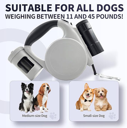 Retractable Dog Leash for Medium & Small Dogs - 16.4 Ft Pet Leash with Detachable LED Flashlight, Poop Bag Dispenser, Ergonomic Handle(Gray)