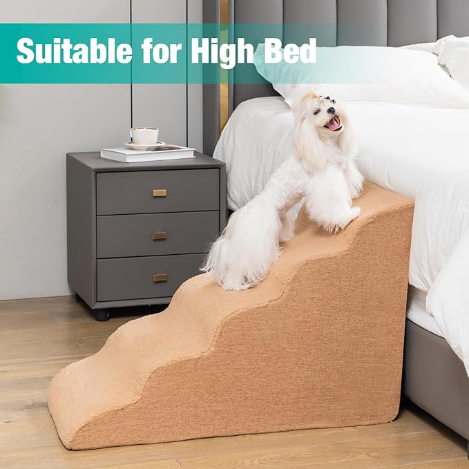 Uross Dog Stairs for Small Dogs-5 Steps Ramps for High Bed Couch, High Density Foam Pet Stairs for Dogs to Get on Bed, 5 Tiers Cat Doggy Steps Ramps for Joint Pain Dog(Brown)