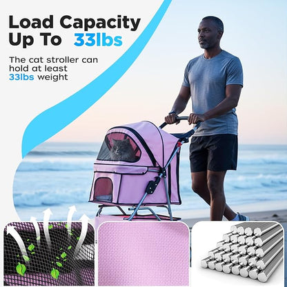 BestOffice Pet Stroller for Small Medium Dogs & Cats, 3-Wheel Foldable Dog Stroller with Cup Holder, Lightweight Travel Carrier, Waterproof Design for Outdoor Walks, Pink