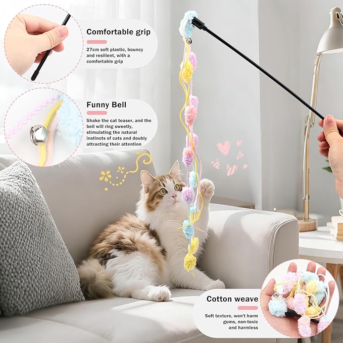 16Pcs Cat Toy Set Pink Kitten Toys Pack Including Feather Teaser Interactive Wand Cat Springs Mice Crinkle Balls and Pet Bell Balls Toys for Bored Indoor Cats, Gift Box Styles (Pink)