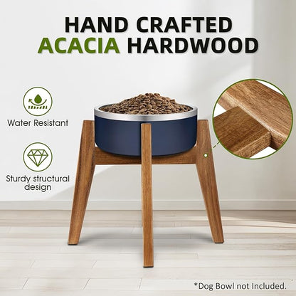 Elevated Dog Bowl Stand for Medium & Large Dogs, 11" Tall Raised Dog Bowl Stand Fits Up to 9" Bowls, Solid Acacia Wood Dog Bowl Holder, Single Elevated Dog Feeding Station (Stand Only)